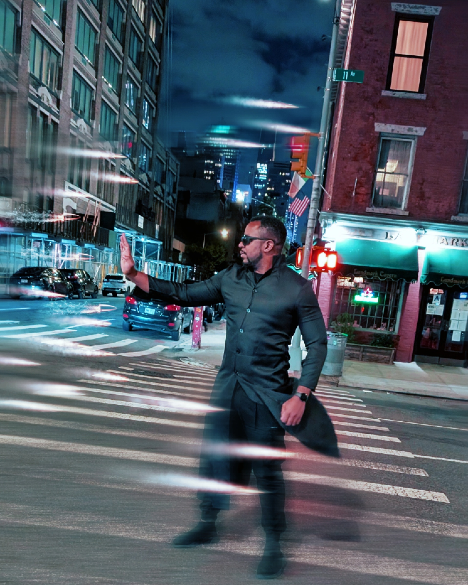Neo from The Matrix stopping bullets in NYC night setting