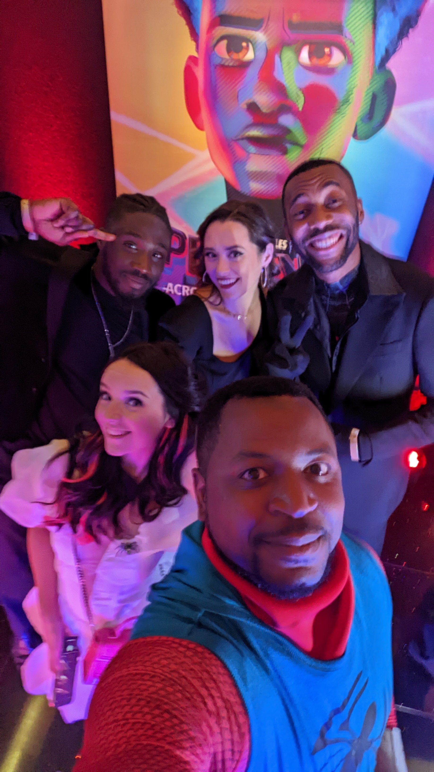 Cosplay group selfie at Across the Spider-Verse premiere